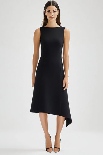A Line Black Round Neck Asymmetrical Work Dress